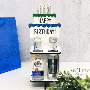 Mini Liquor Bottle Birthday Caddy, 4 Bottle Alcohol Shot Holder, Unique Birthday Gift for Him, Gift for Guys
