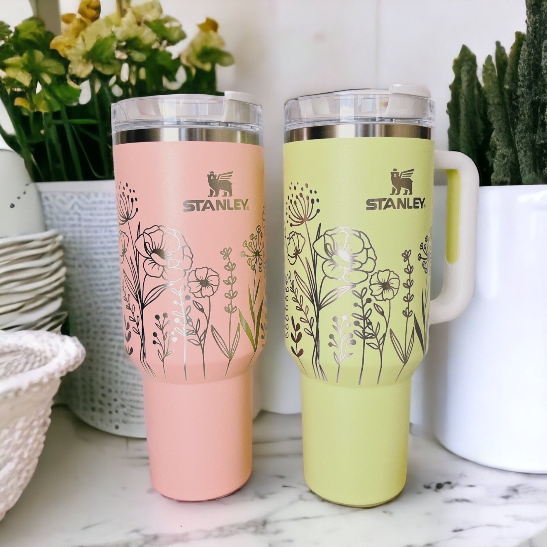 40 Oz Tumbler With Handle, Peach or Citron Stanley, Laser Engraved Floral  Tumbler, Large Capacity Cup, Gift for Her, Birthday Gift 