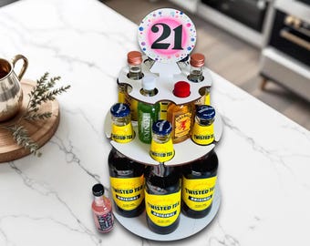 Tiered 21st Birthday Liquor Bottle Display, Alcohol Shot Cake. Gift for Girls or Guys