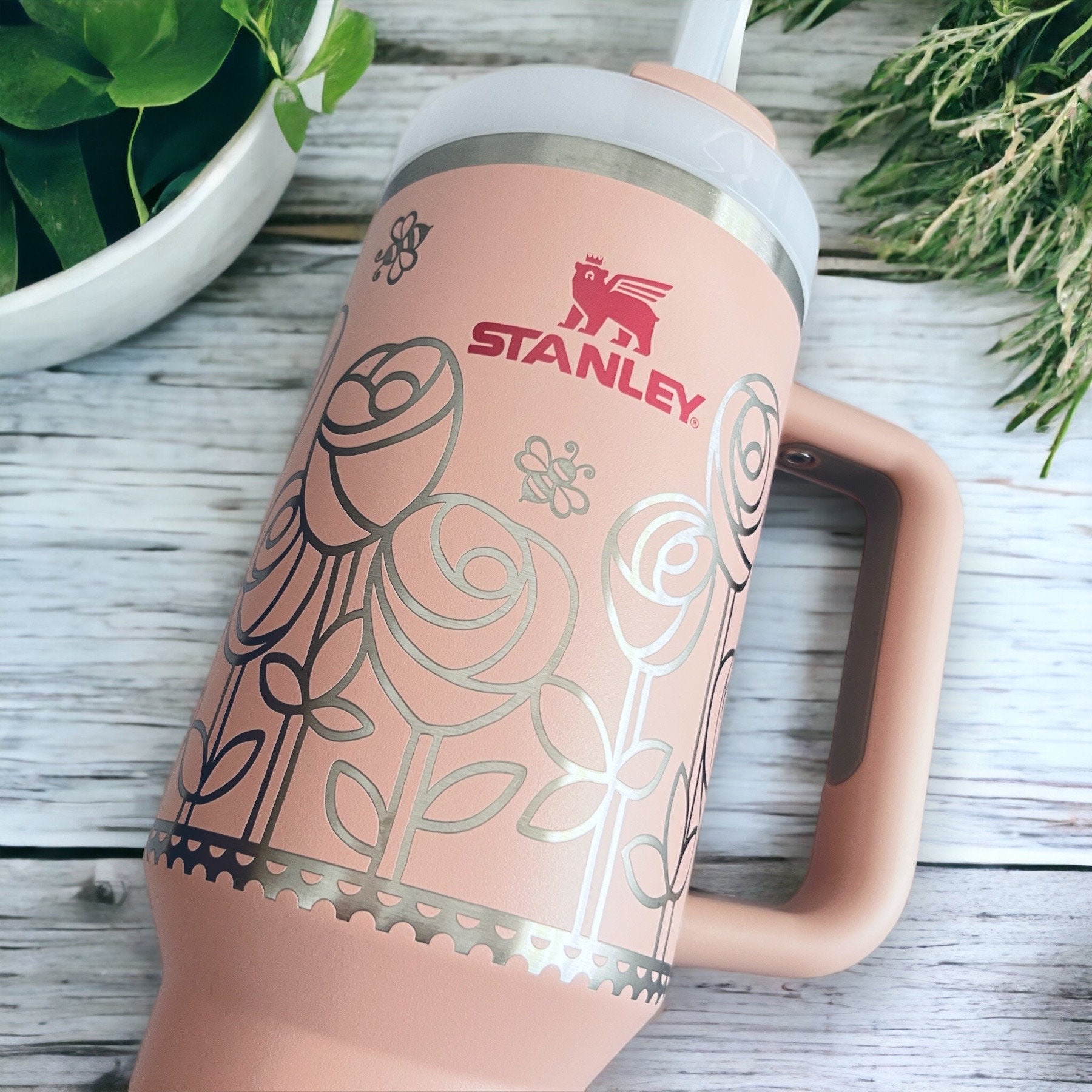 Pink Dusk Stanley Cup with Straw, 40 oz Floral Engraved Rose Tumbler with  Handle, Large Travel Mug, Water Bottle, Gift for Her