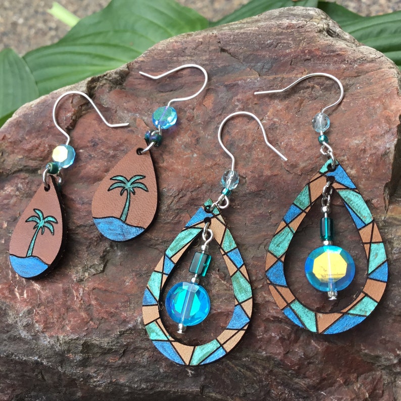 Leather and Wood Tear Drops with Mosaic or Palm Tree Designs Glowforge ...