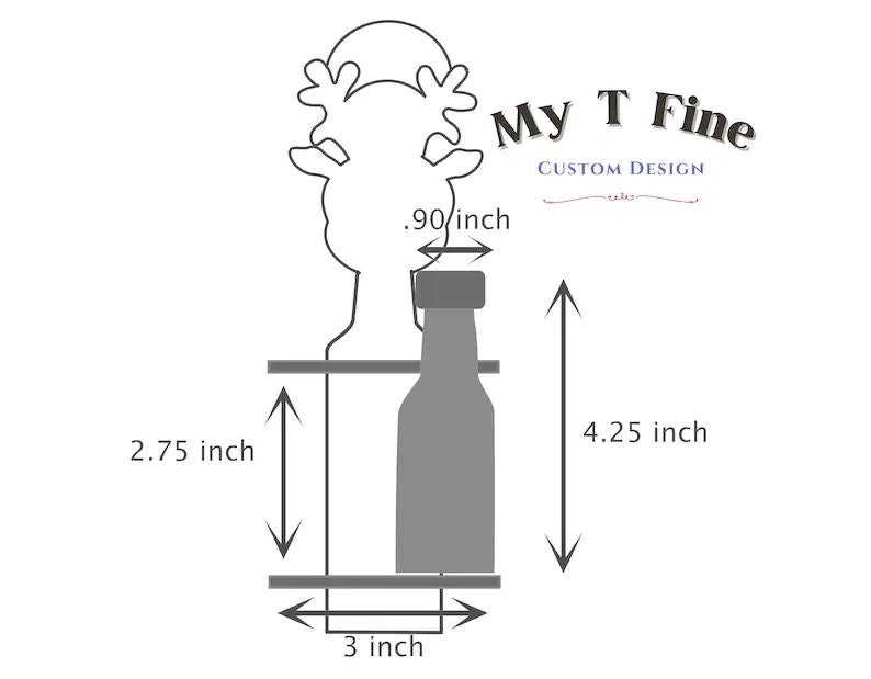 May include: A gray metal bottle holder shaped like a reindeer with a bottle inside. The holder is 4.25 inches tall, 3 inches wide, and 2.75 inches deep. The bottle is 0.90 inches wide.