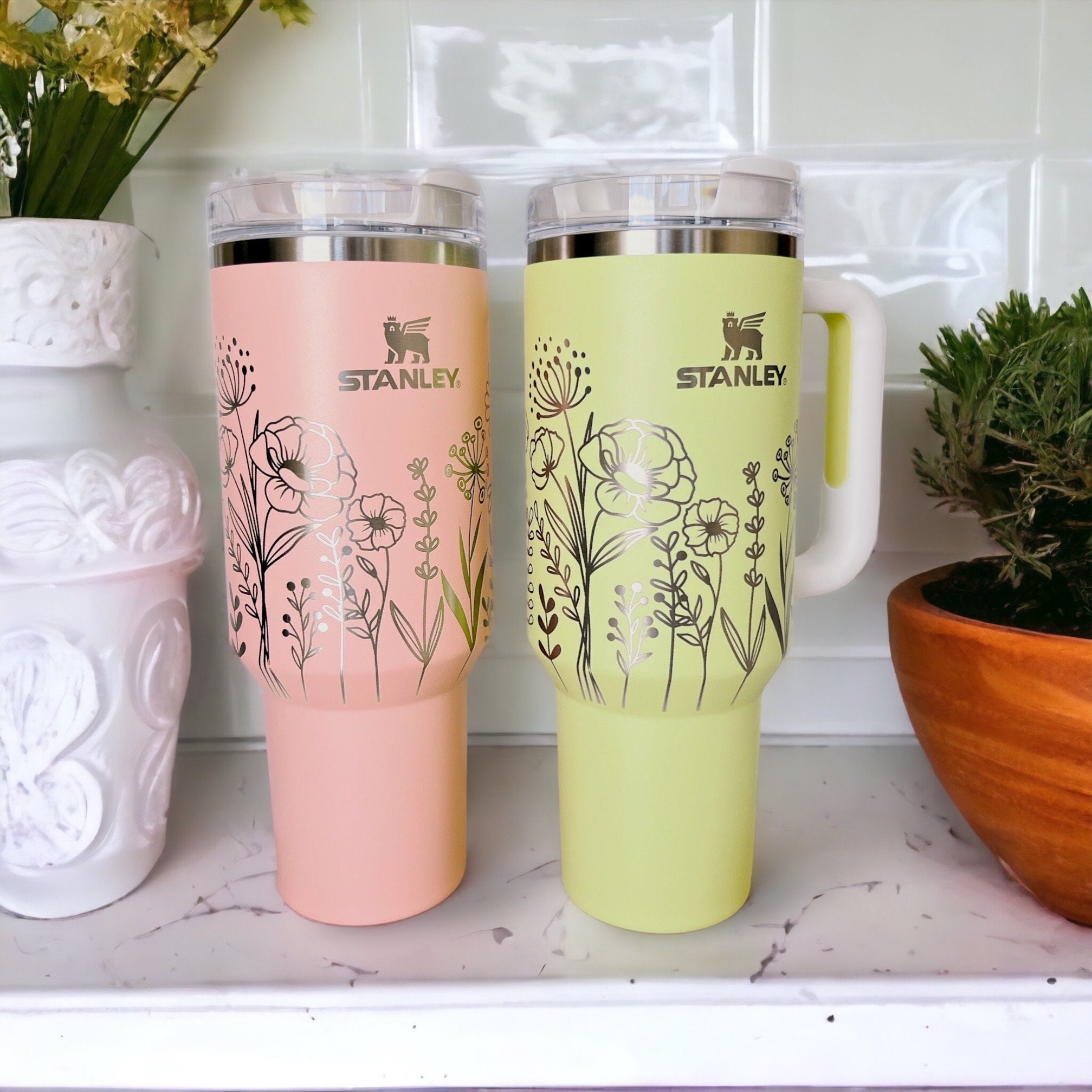 40 Oz Tumbler With Handle, Peach or Citron Stanley, Laser Engraved Floral  Tumbler, Large Capacity Cup, Gift for Her, Birthday Gift 