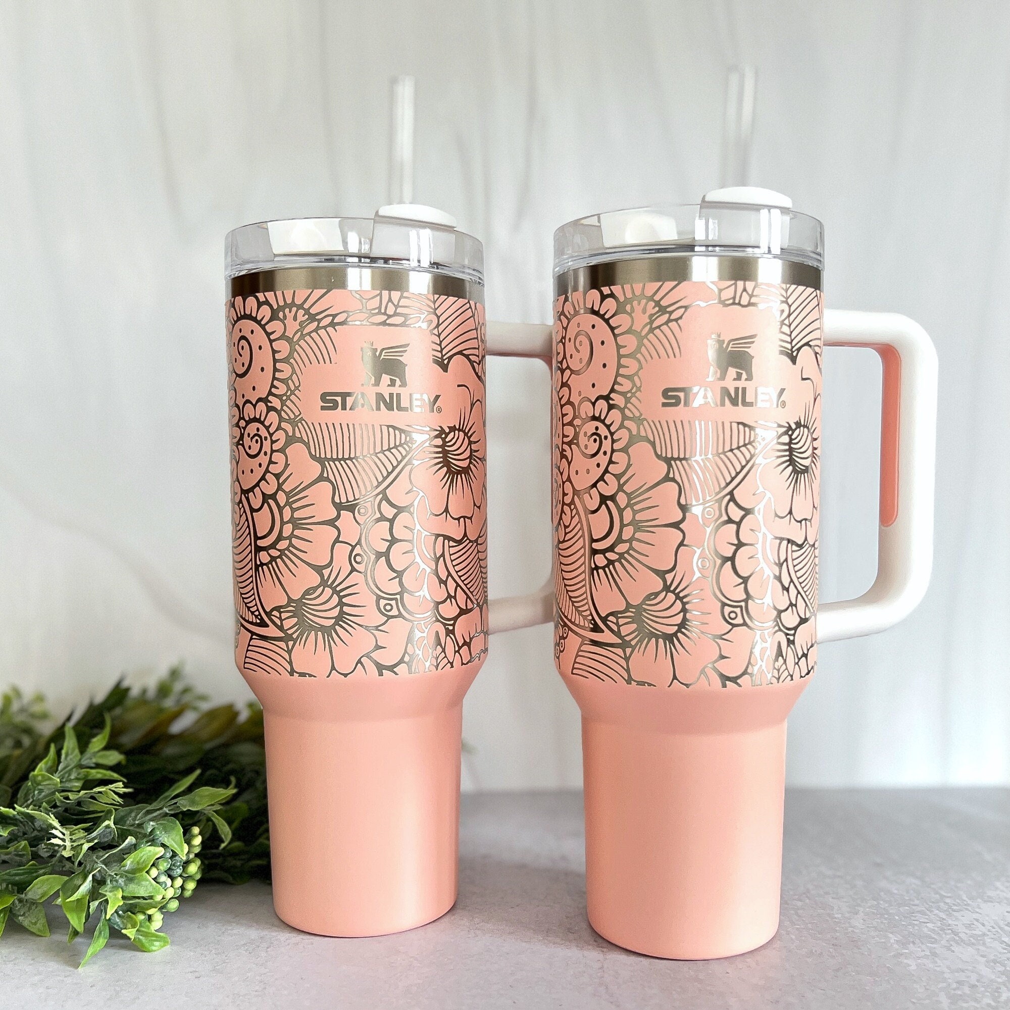 Peach Stanley Cup, Limited Edition 40oz Tumbler with Handle,Laser Engraved  Floral Lace Full Wrap Design, Gift for Her, Birthday Gift