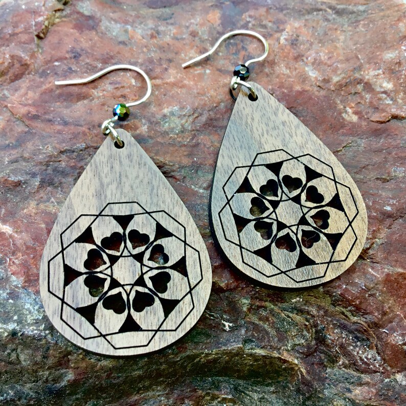 Glowforge Laser Cut File SVG Wood Teardrop Earring SVG with Hearts Faux Leather Earring Template Digital Earring File