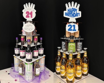 Custom 21st Birthday Alcohol Tower: Mini Liquor, Wine & Beer Display