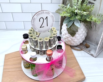 21st Birthday Gift, Mini Liquor Bottle & Money Shot Cake, Bday Gift for Girl, Funny Alcohol Gift for Friend Turning 21, Born in 2004
