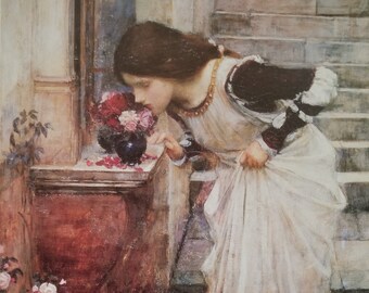 pink roses young lady smelling fresh flowers Spring British Garden The Shrine Large lithograph John William Waterhouse Wedding gift