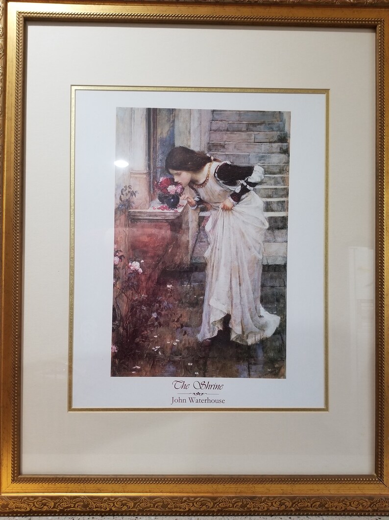 pink roses young lady smelling fresh flowers Spring British Garden The Shrine Large lithograph John William Waterhouse Wedding gift