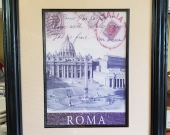 TRAJAN Column print, Roman Monument lithograph, Roma art print, Italian landmark, Rome forum, Colonna Traiana, travel stamp art, lithograph