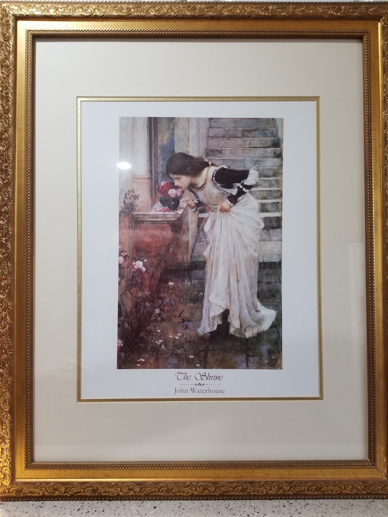 pink roses young lady smelling fresh flowers Spring British Garden The Shrine Large lithograph John William Waterhouse Wedding gift
