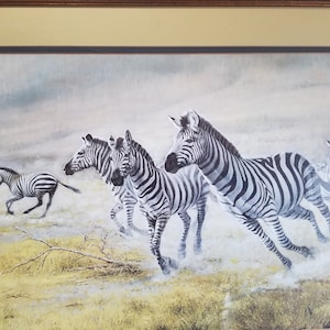May include: A watercolor painting of a herd of zebras running through a dusty field. The zebras are black and white with stripes, and they are running in a single file line. The background is a hazy, gray sky.