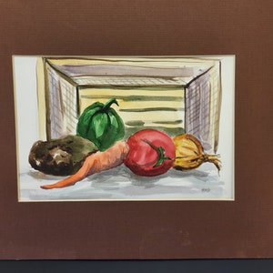 vegetable watercolor painting, wall art, garden veggies painting, carrot, tomato, pepper, wedding gift, signed Rose Doster