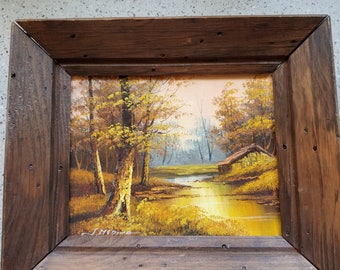 Autumn, Fall Trees Oil Painting, Autumn Landscape, trees, cabin, stream, signed Jean Medina, antique, golden, leaves, forest pond