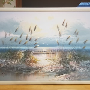 Beach sun, large print, waves sun reflection oil painting, seascape beach. Ocean Tropical grasses, gulls, signed Rogers, dunes