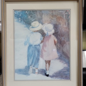 Ivan Anderson. Danish print, Young boy and girl walking down the lane together, both have on Sun hats, pink roses, lithograph, print, signed