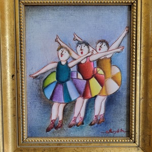 J Roybal Oil Dancing, Three Ballet Dancers, Original Oil Painting, Signed, Vintage, Ballet Girls, Whimsical, Joyce Roybal