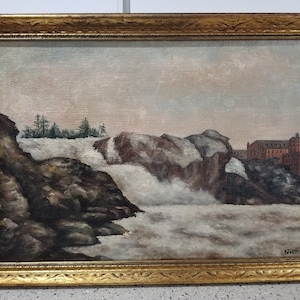 Winter river oil painting, antique landscape, river, original 1869 antique signed, waterfall, 19th century artist, Edmund John Niemann