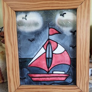 Sailboat painting on glass, sailing on the ocean, handmade stained glass, artwork, sailing on sea with birds in sky