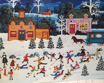 Jane Wooster Scott "Frosty Frolics" lithograph, signed, Winter, snowscape, ice skating print, sleigh, moonlight night, village, Christmas