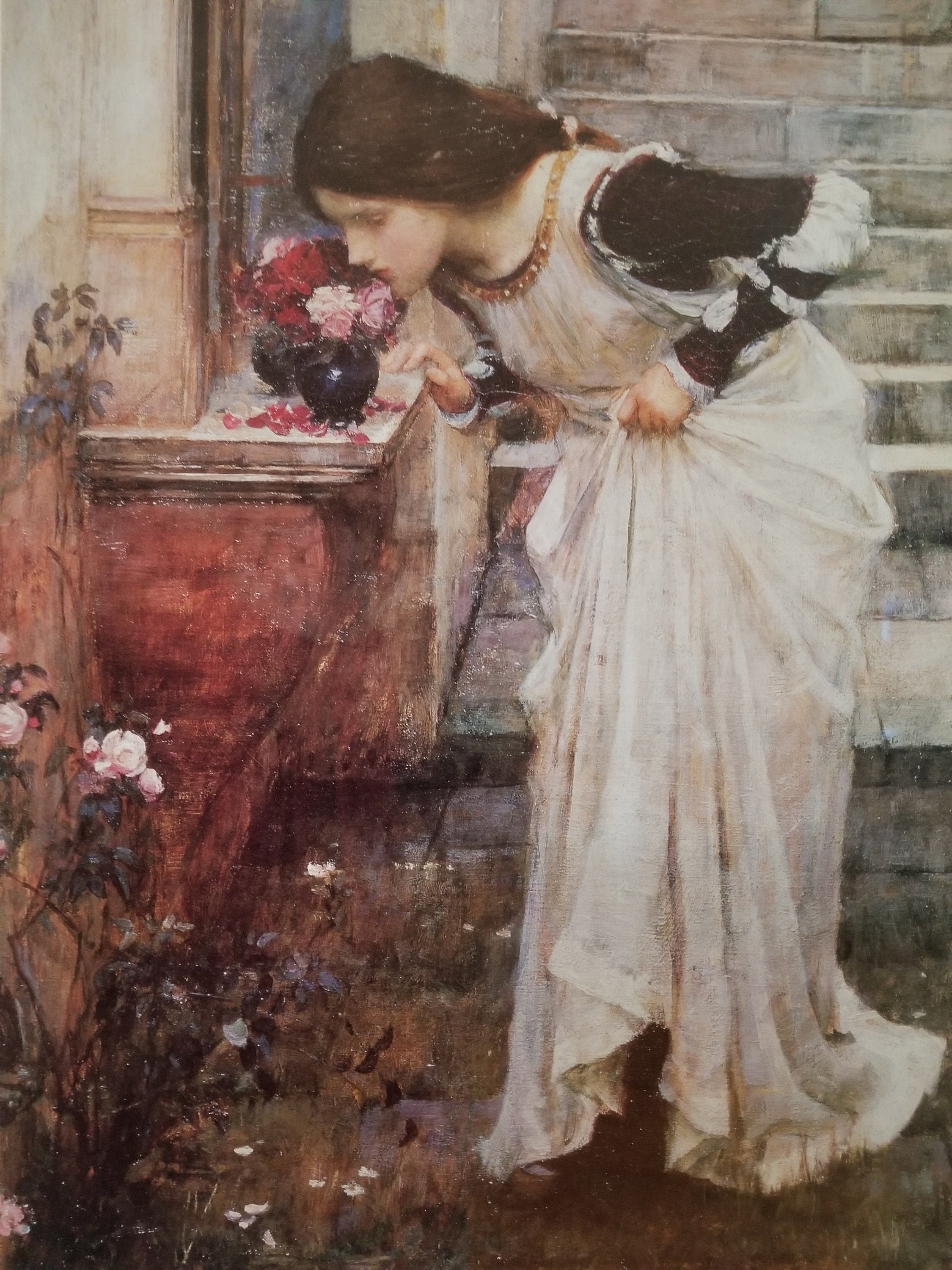 pink roses young lady smelling fresh flowers Spring British Garden The Shrine Large lithograph John William Waterhouse Wedding gift