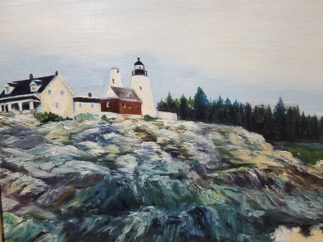 White Lighthouse Oil Painting, Seascape Town, Antique, Original, Canvas