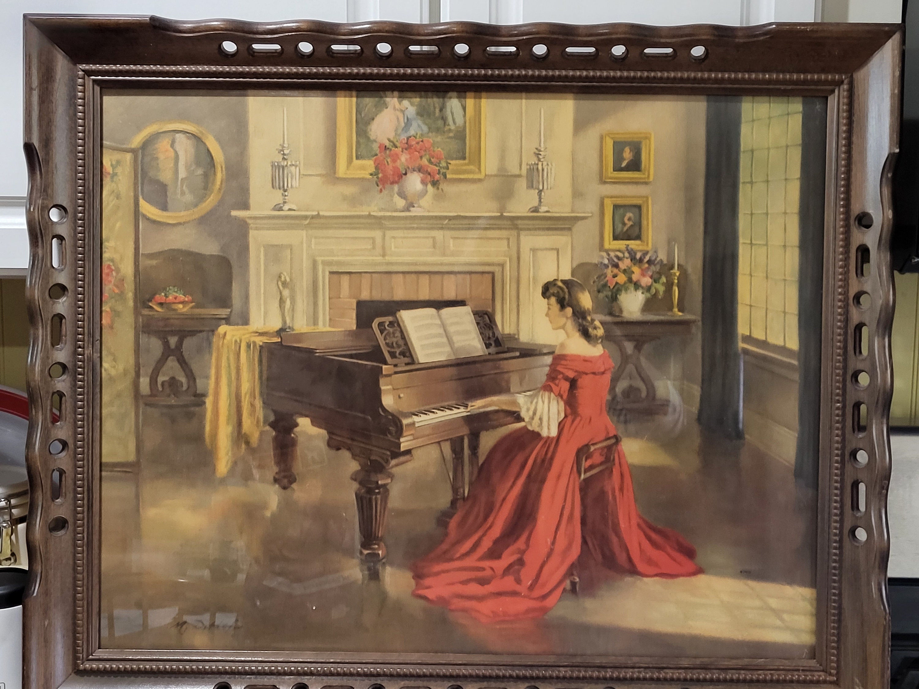 knee length dresses for ladies Women in Red Piano Lady - 2220 X 1220 - Painting