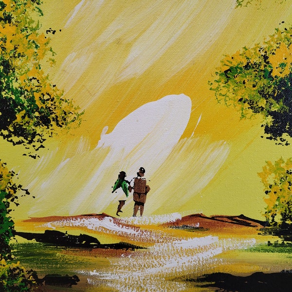 Romantic stroll sunset painting, Abstract, Antique, couple walking, oil painting, signed C. Roberts, landscape, sunburst, vivid, 1970s