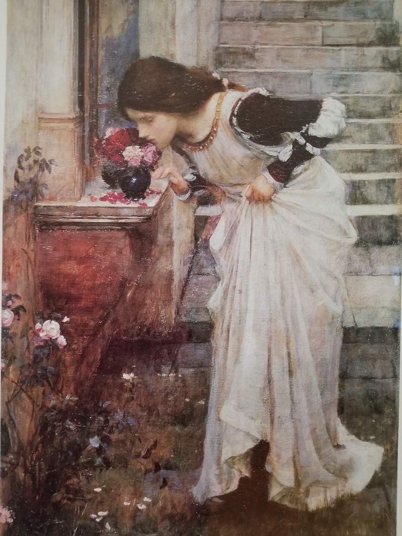 pink roses young lady smelling fresh flowers Spring British Garden The Shrine Large lithograph John William Waterhouse Wedding gift