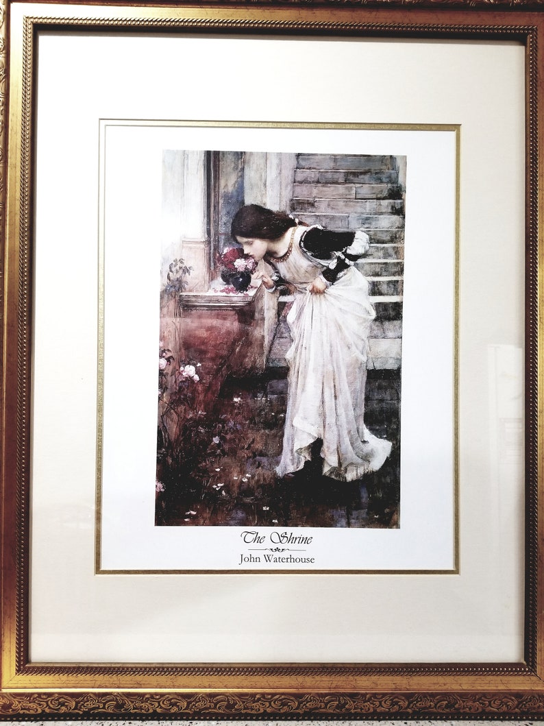 pink roses young lady smelling fresh flowers Spring British Garden The Shrine Large lithograph John William Waterhouse Wedding gift