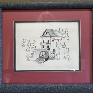 Mill waterwheel needlepoint, rustic, country, rural, cross-stitch under glass framed, rustic, country art