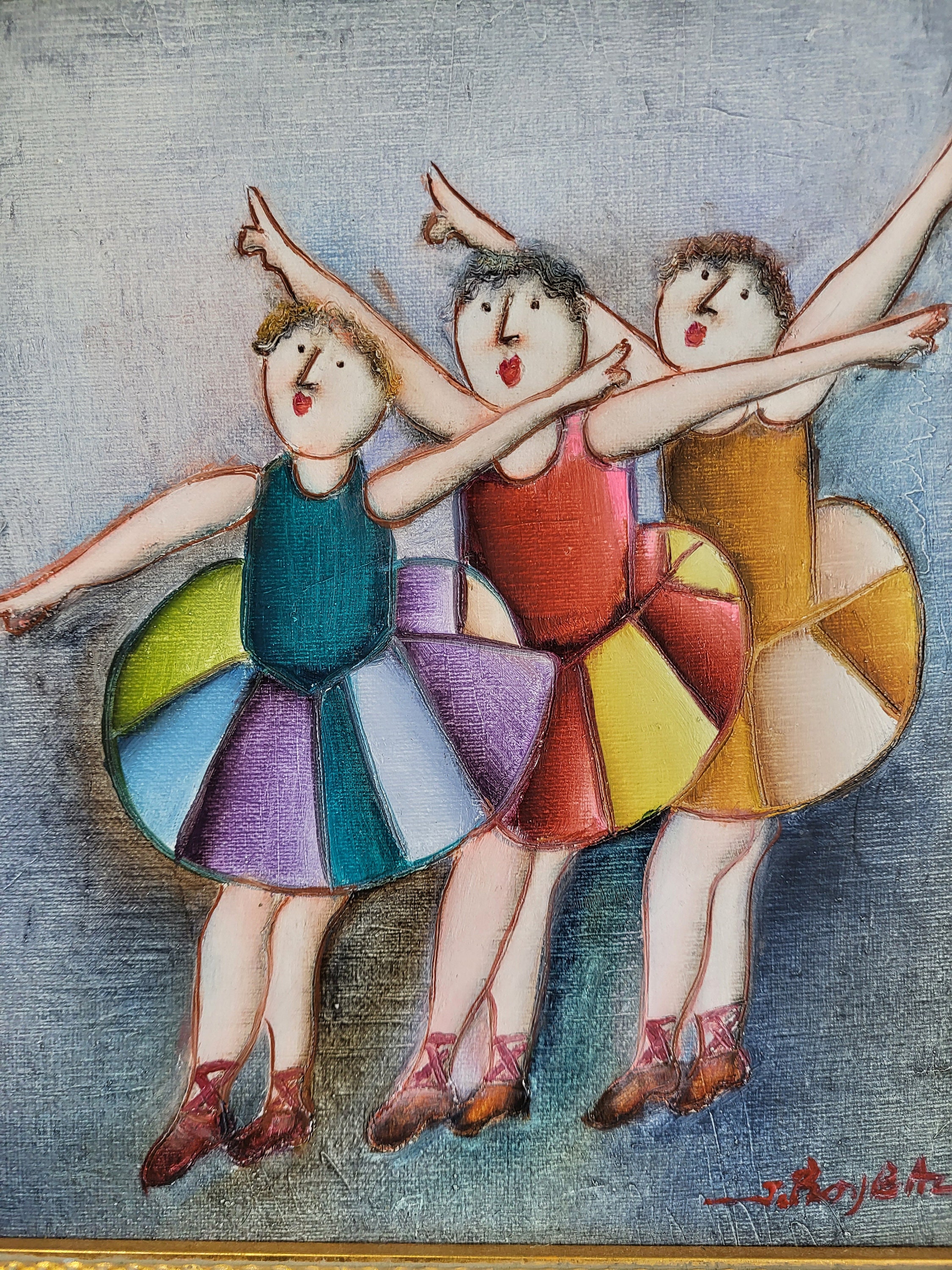 J Roybal Oil Dancing, Three Ballet Dancers, Original Oil Painting