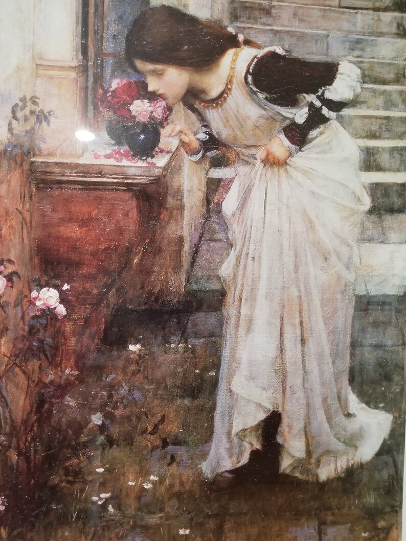 pink roses young lady smelling fresh flowers Spring British Garden The Shrine Large lithograph John William Waterhouse Wedding gift