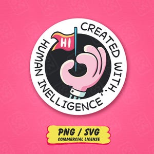 May include: A circular sticker design featuring a pink cartoon hand making an okay gesture while holding a small red flag with the text HI. The black background is surrounded by a white border with the text CREATED WITH HUMAN INELLIGENCE.