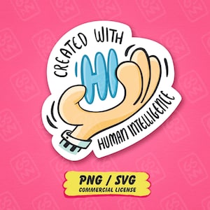 May include: A die-cut sticker featuring a cartoon hand with a light skin tone, a blue stylized "HI" graphic, and the black text "CREATED WITH HUMAN INTELLIGENCE" arched around the design. The sticker has a white border and a matte finish.