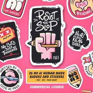 Pacote de adesivos e emblemas "Sem IA" criados por humanos — 26 designs imprimíveis em PNG e SVG