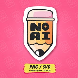 May include: A sticker shaped like a yellow pencil with a pink eraser at the top and a black tip at the bottom. The pencil features the bold black text NO AI centred on its body. Below the pencil is a yellow rectangular label with black text.