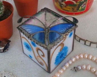 Wedding Ring Box, Stained Glass Jewelry Box, Engagement Ring Box, Ring Bearer Box, Bridal Gift, Monarch Butterfly Decor, Bohemian Painting