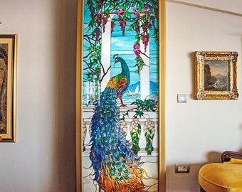 Peacock Stained Glass Artwork, Custom Made Window Panel, Large Wall Art Decor, illuminated Glass Art, Home Decoration, Elegant Office Decor