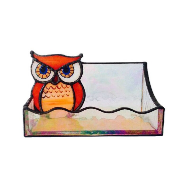 Stained Glass Business Card Holder Owl Table Accessory Office Desk Organizer Display Art Decor Secretary Gift Lover
