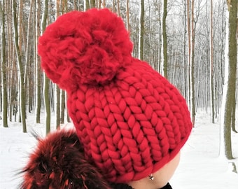 Chunky beanie hat Pom pom Hat Slouchy beanie Super chunky hat Pom pom  beanie Pom beanie Pom pom knit beanie Pom pom knit hat Knit pompom hat