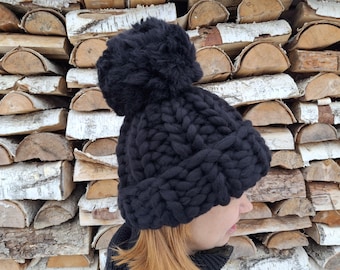 Chunky Knit Merino Wool Pom Pom Beanie