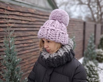 Chunky Knit Merino Wool Pom Beanie