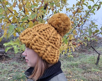 Super Chunky Merino Wool Pom Beanie, Hand-Knitted Winter Hat