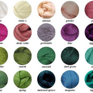 May include: A collection of 20 wool roving colors, including white, pink, fuchsia, dusty cedar, periwinkle, lilac, eggplant, pistachio, marsh, emerald, dark green, mint, grassy, spring, darkened spruce, turquoise, and lagune.