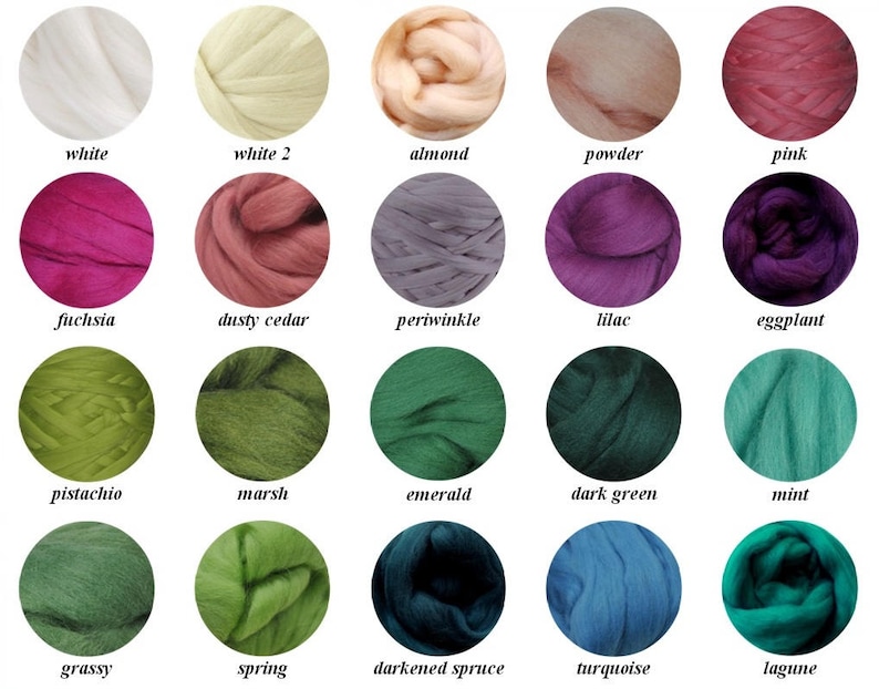 May include: A collection of 20 wool roving colors, including white, pink, fuchsia, dusty cedar, periwinkle, lilac, eggplant, pistachio, marsh, emerald, dark green, mint, grassy, spring, darkened spruce, turquoise, and lagune.