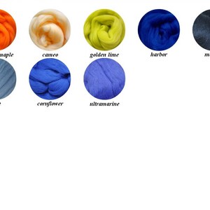 May include: A collection of 10 wool roving samples in various colors, including autumn maple, cameo, golden lime, harbor, marine, blue, cornflower, ultramarine, and more.