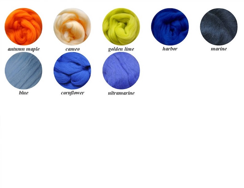May include: A collection of 10 wool roving samples in various colors, including autumn maple, cameo, golden lime, harbor, marine, blue, cornflower, ultramarine, and more.