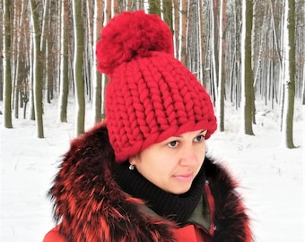 Chunky Knit Pom Pom Beanie, 100% Merino Wool Winter Hat