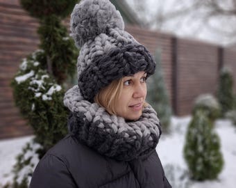 Super Chunky Merino Wool Pom Beanie, Hand-Knitted Winter Hat